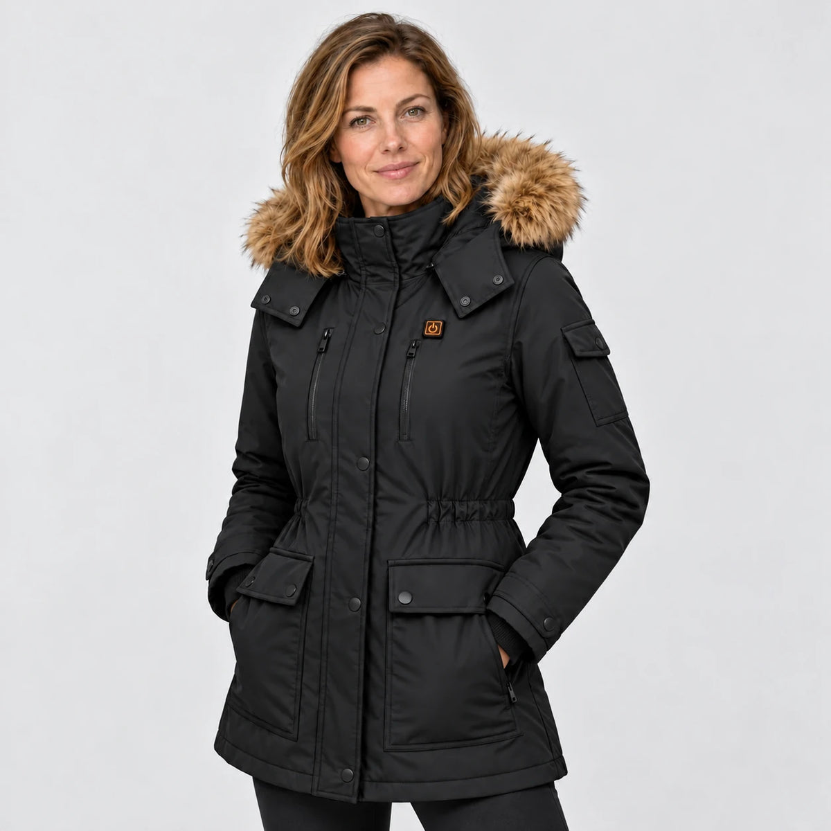 Women's heated winter coat PyreFit Apexor in black, front view, worn