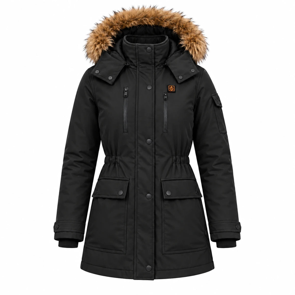 Women's heated winter coat PyreFit Apexor in black, product view without model