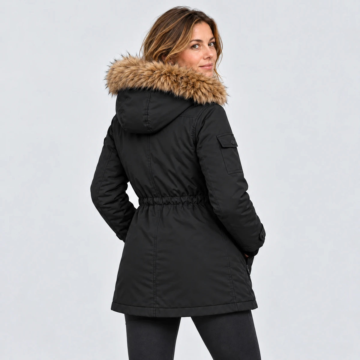 Women's heated winter coat PyreFit Apexor in black, back view