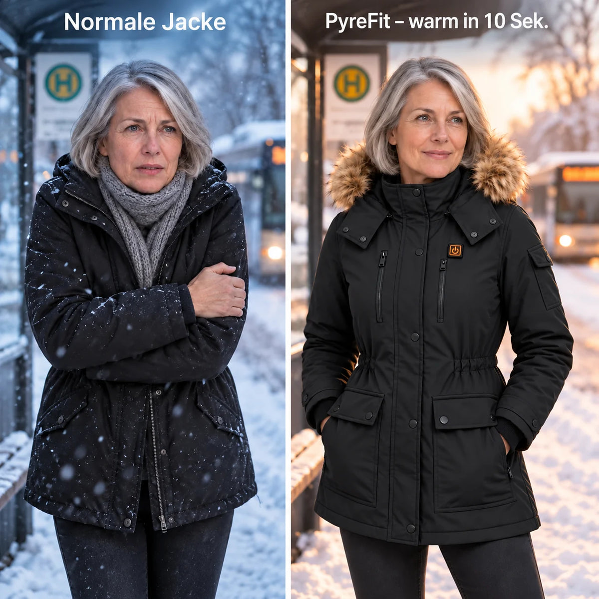 Manteau d'hiver chauffant pour femme PyreFit Apexor en noir, comparaison avec un manteau d'hiver ordinaire