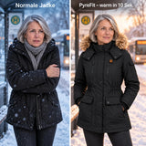 Manteau d'hiver chauffant pour femme PyreFit Apexor en noir, comparaison avec un manteau d'hiver ordinaire