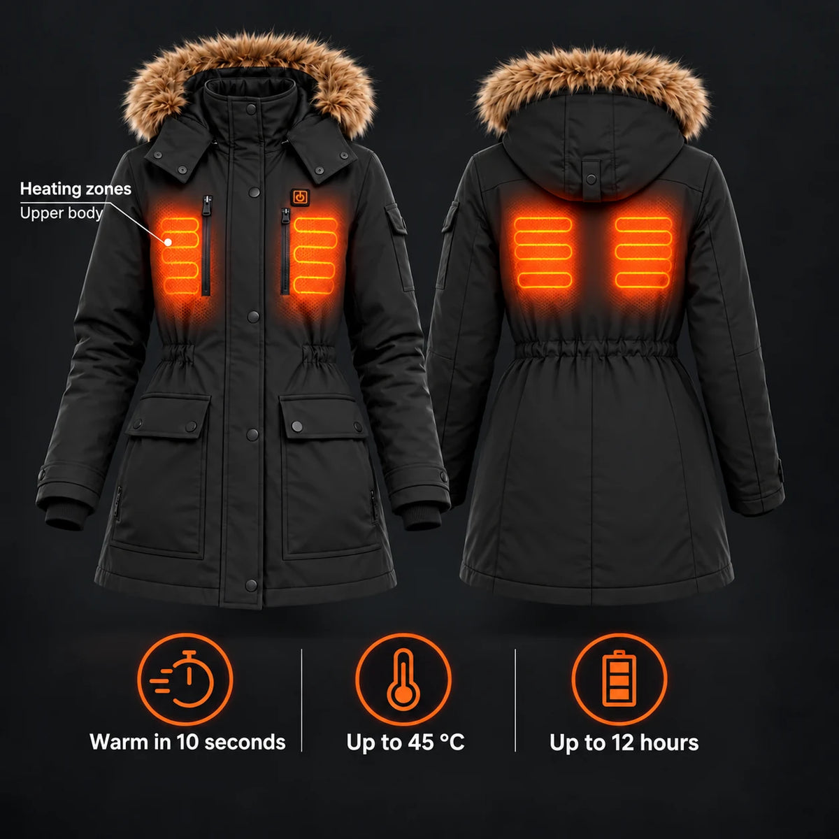 Women's heated winter coat PyreFit Apexor in black, overview of the heating zones