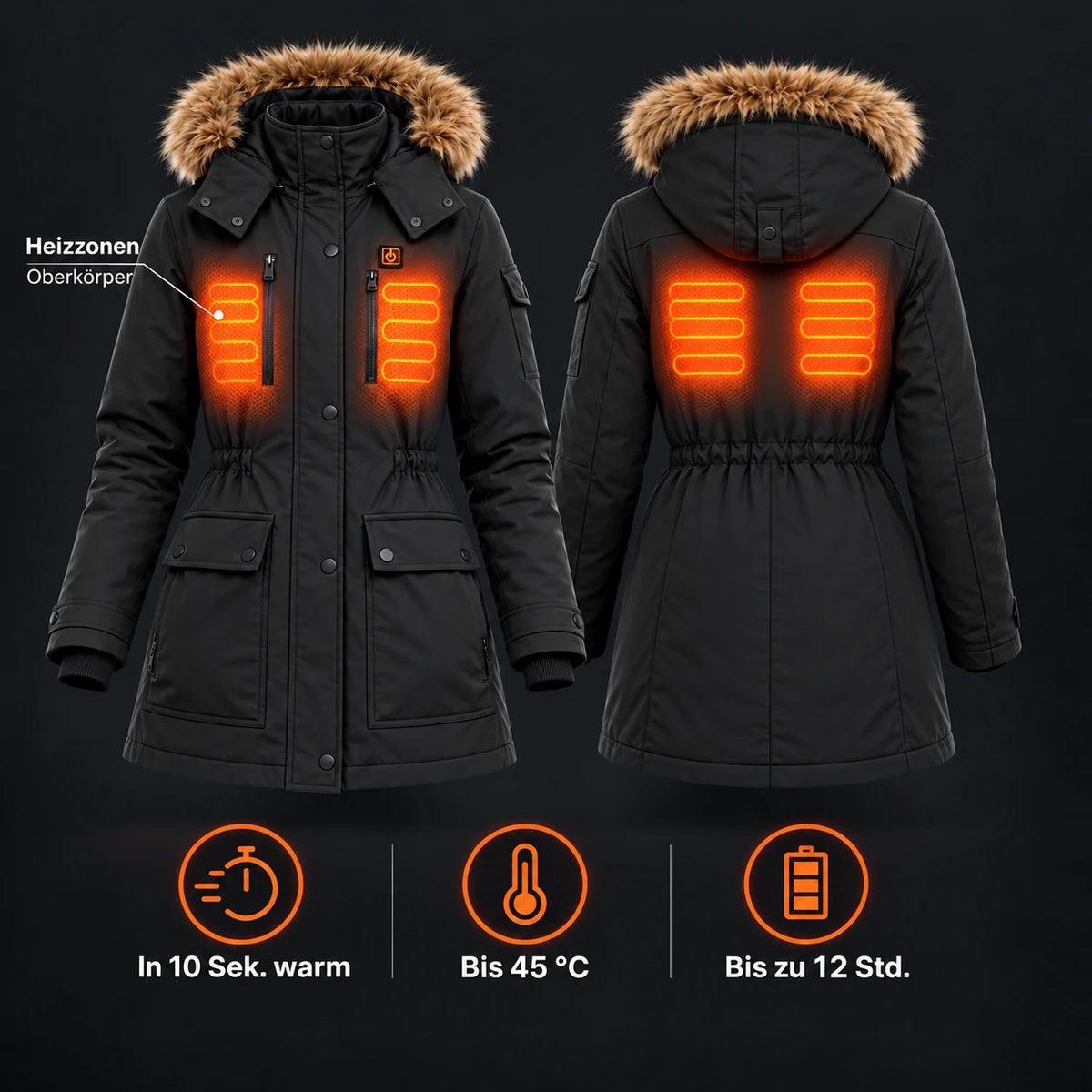 Manteau d'hiver chauffant pour femme PyreFit Apexor en noir, aperçu des zones chauffantes