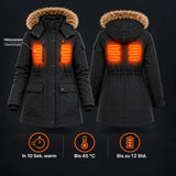 Manteau d'hiver chauffant pour femme PyreFit Apexor en noir, aperçu des zones chauffantes
