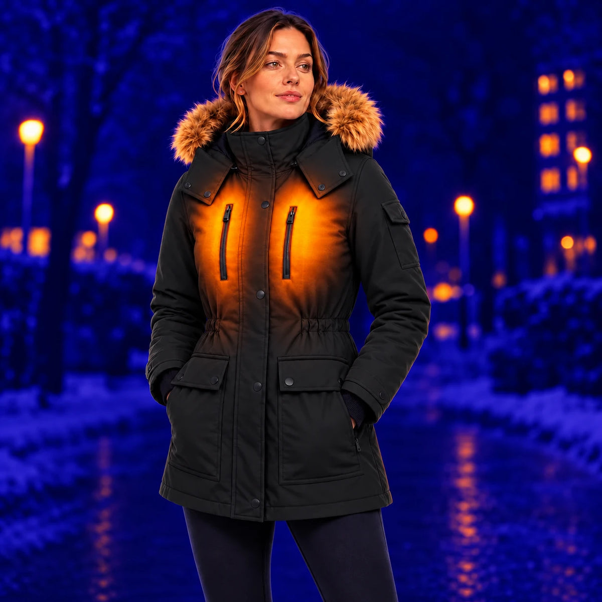 Women's heated winter coat PyreFit Apexor in black, warmth for the upper body in winter