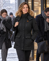 Manteau d'hiver chauffant pour femme PyreFit Apexor en noir, au quotidien en hiver, en route vers le bureau