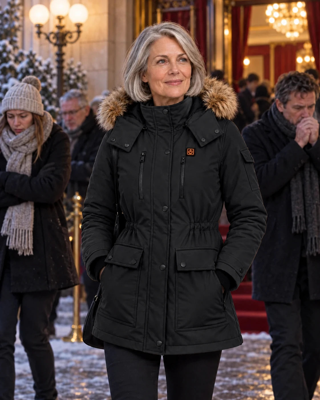 Manteau d'hiver chauffant pour femme PyreFit Apexor en noir, au quotidien en hiver, sortie au théâtre