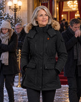 Manteau d'hiver chauffant pour femme PyreFit Apexor en noir, au quotidien en hiver, sortie au théâtre