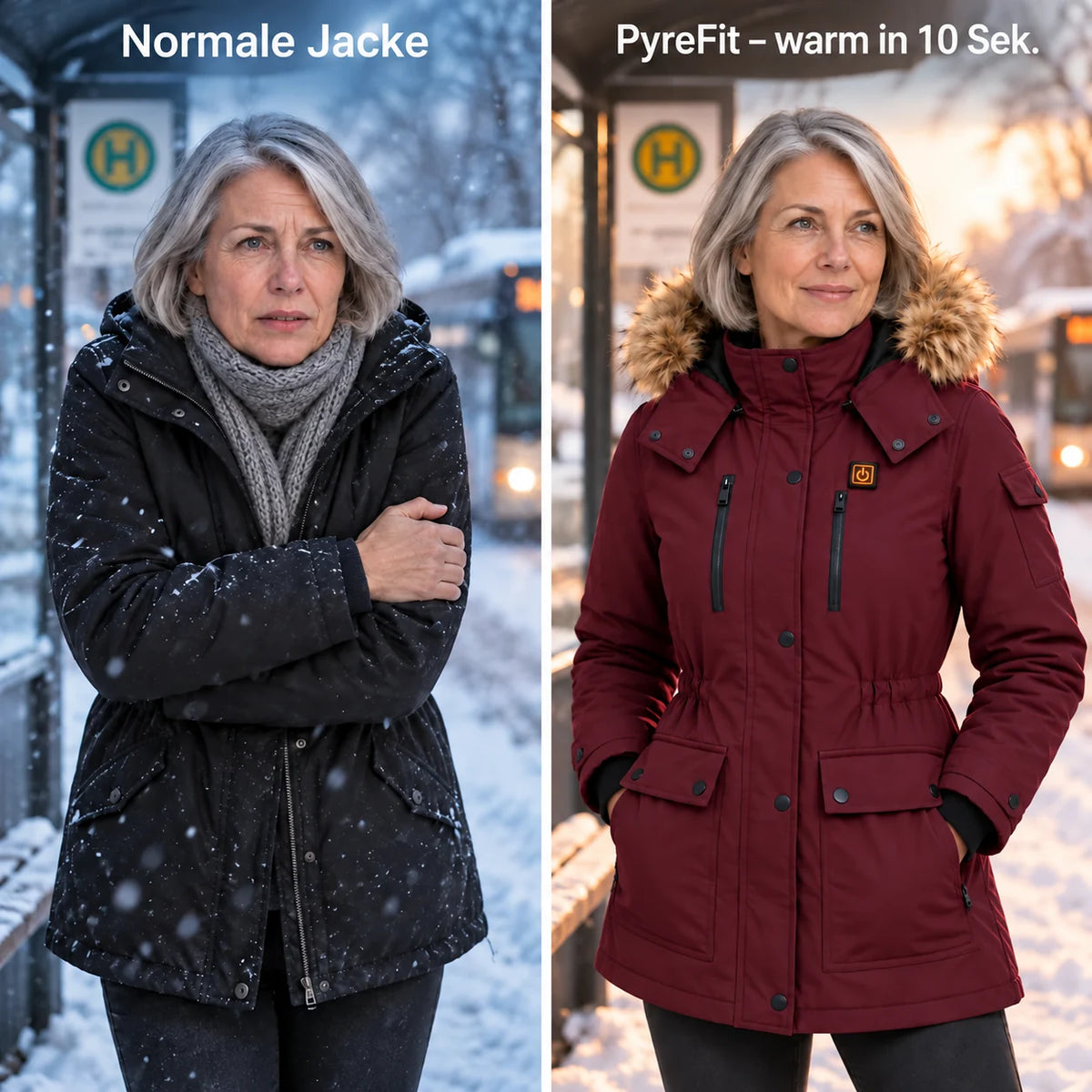 Manteau d'hiver chauffant pour femme PyreFit Apexor bordeaux, comparaison avec un manteau d'hiver ordinaire