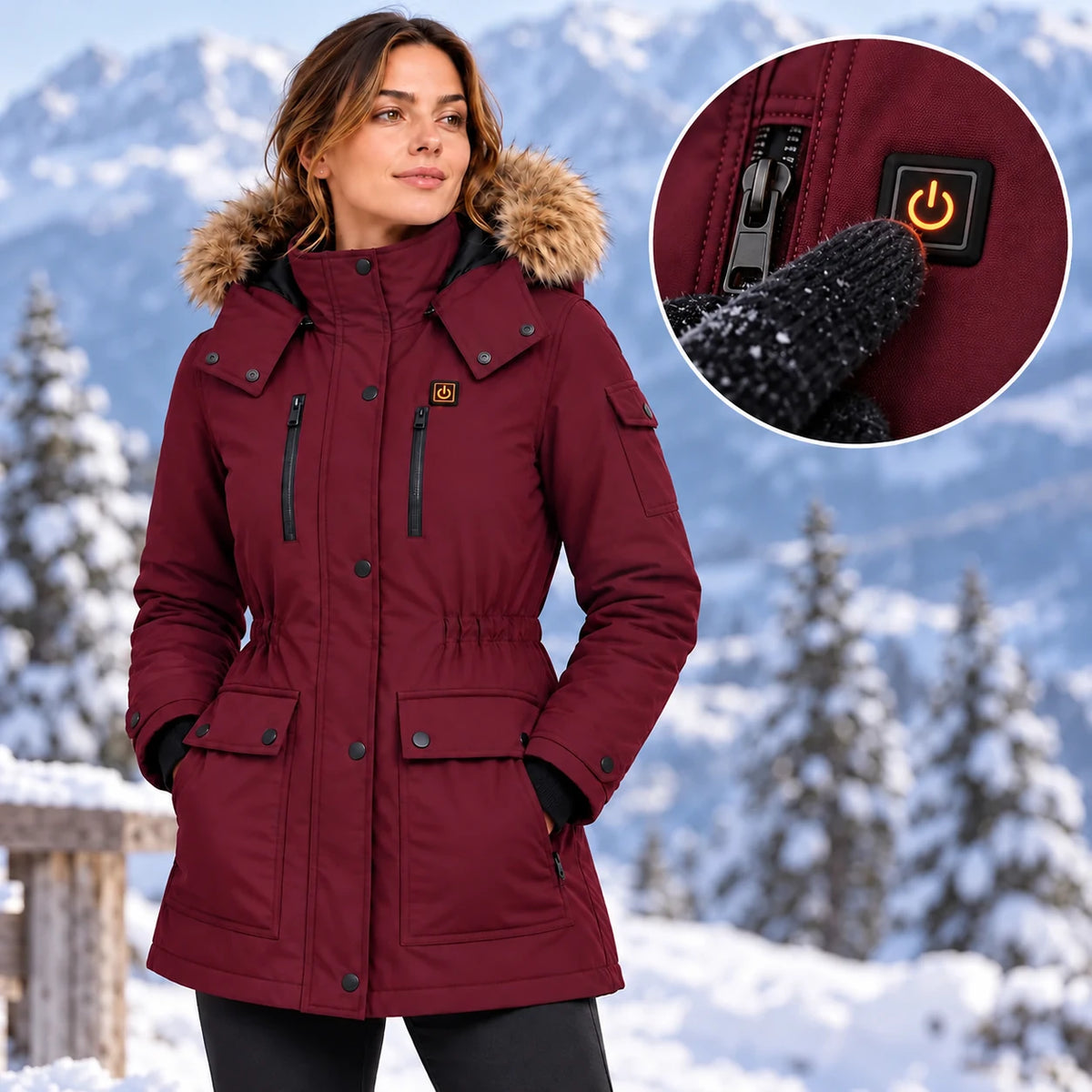 Manteau d'hiver chauffant pour femme PyreFit Apexor bordeaux, gros plan sur le bouton de commande