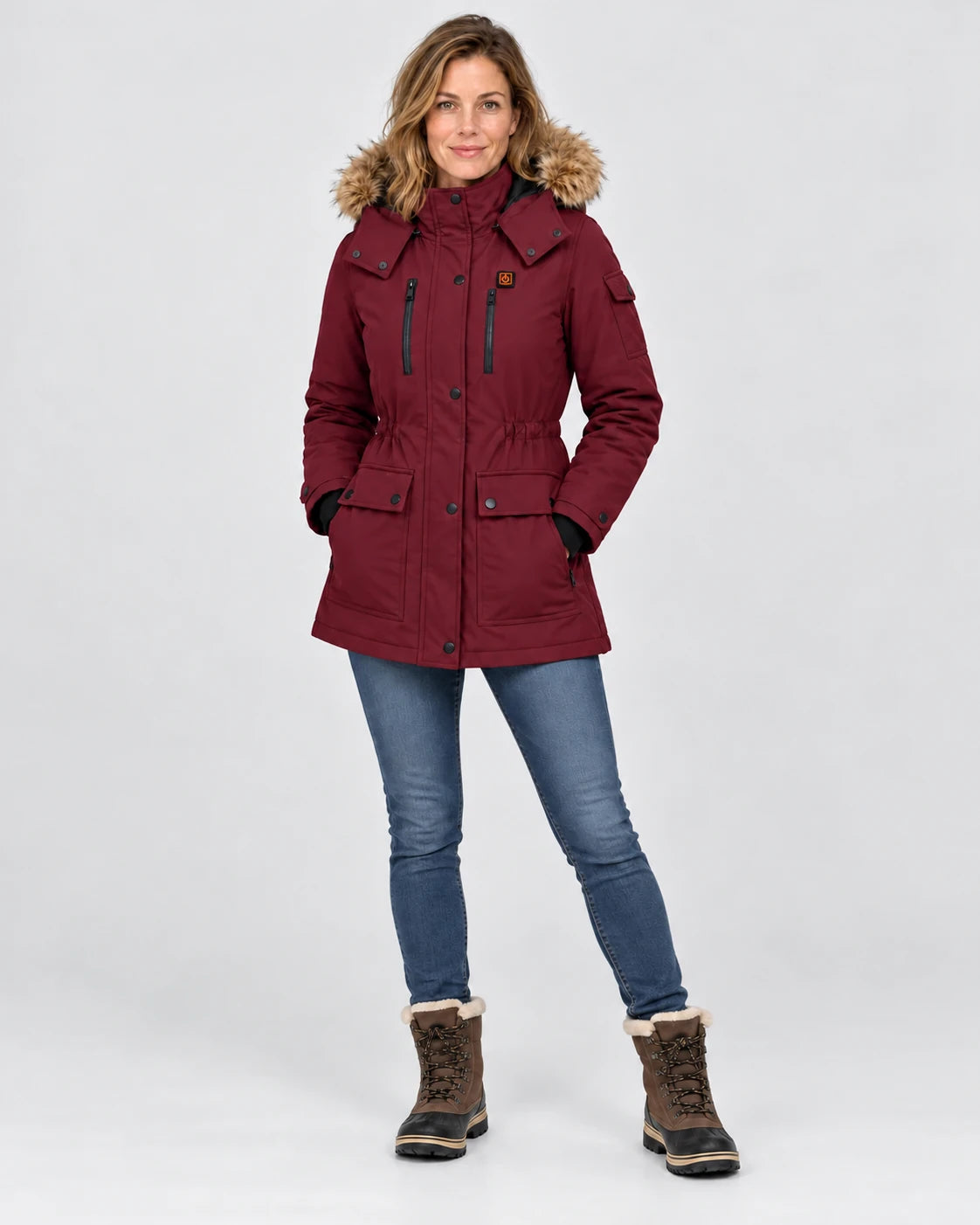Manteau d'hiver chauffant pour femme PyreFit Apexor bordeaux, vue en pied