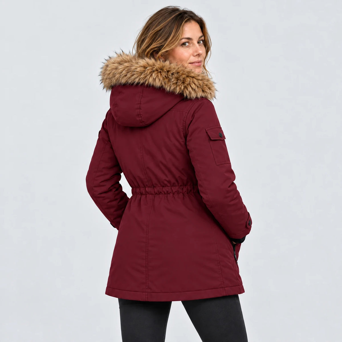 Manteau d'hiver chauffant pour femme PyreFit Apexor bordeaux, vue de dos