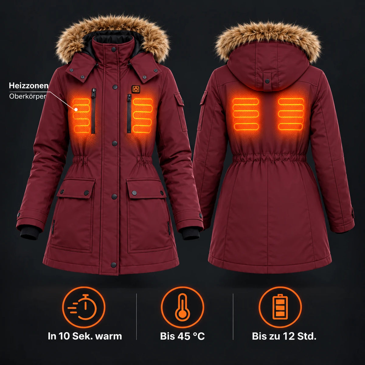 Manteau d'hiver chauffant pour femme PyreFit Apexor bordeaux, aperçu des zones chauffantes
