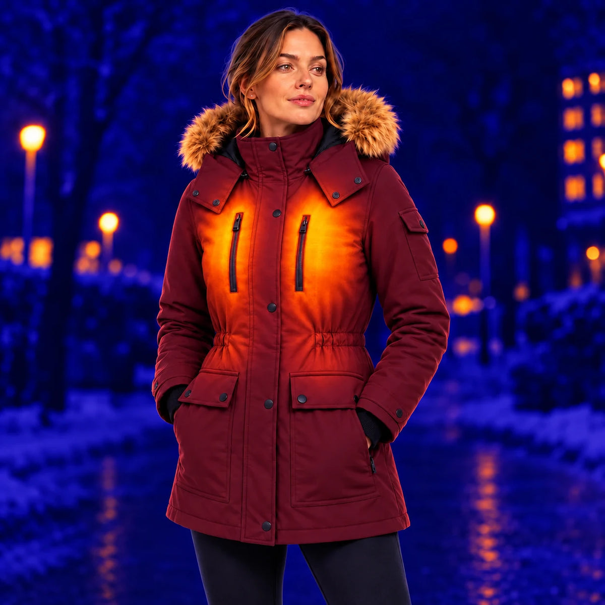 Manteau d'hiver chauffant pour femme PyreFit Apexor bordeaux, chaleur au haut du corps en hiver