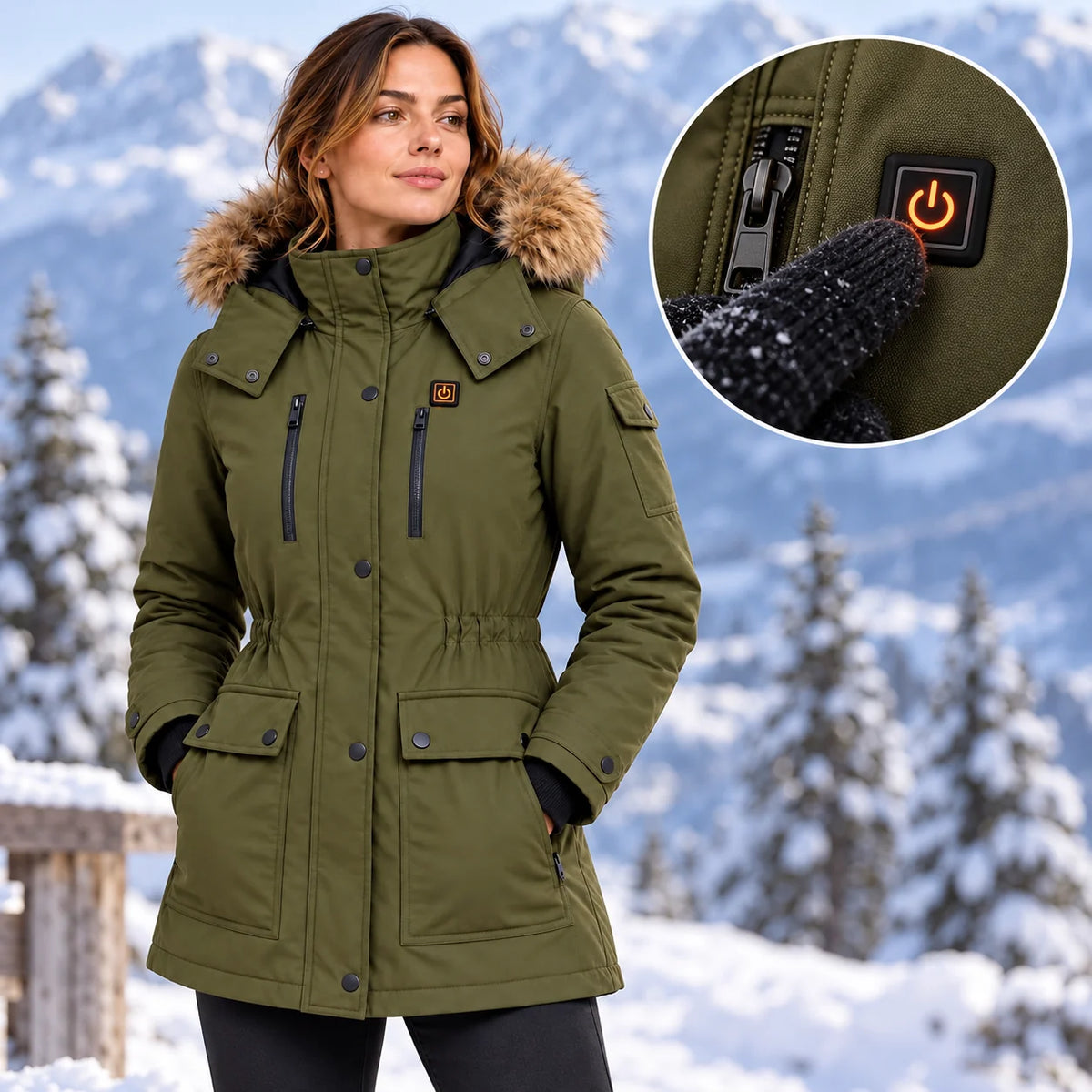 Manteau d'hiver chauffant pour femme PyreFit Apexor, gros plan sur le bouton de commande
