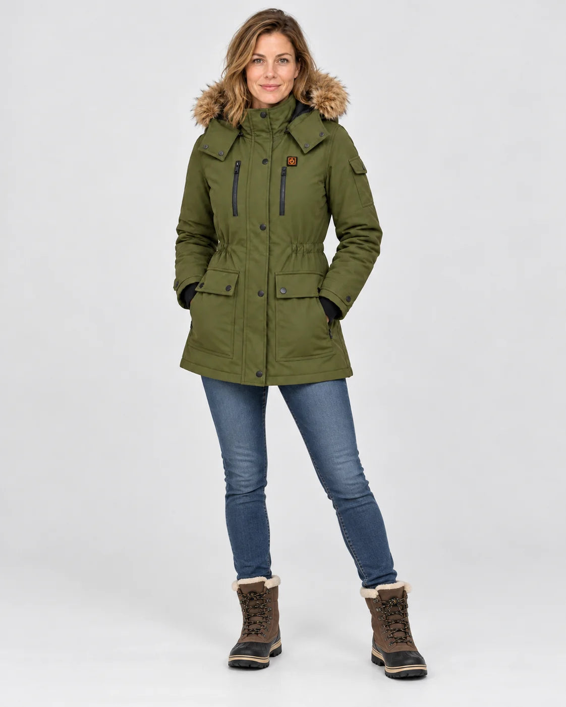 Manteau d'hiver chauffant pour femme PyreFit Apexor, vue en pied