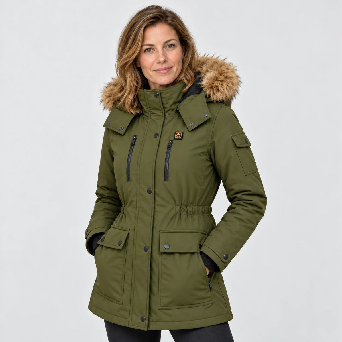 Women's heated winter coat PyreFit Apexor, worn, front view