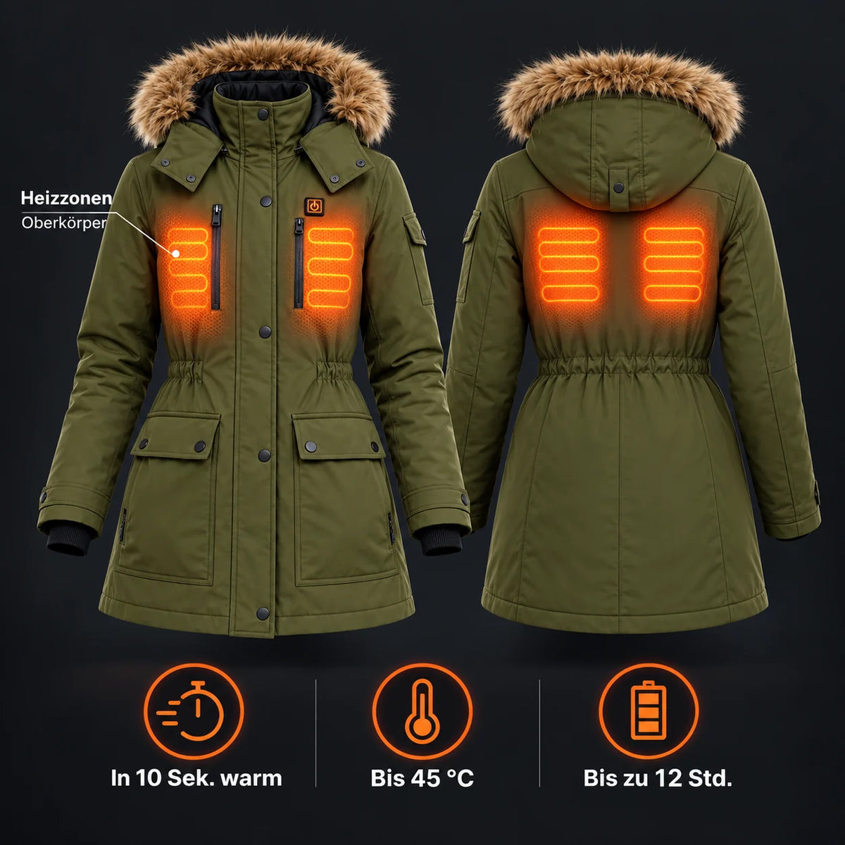 Manteau d'hiver chauffant pour femme PyreFit Apexor : zones chauffantes au haut du corps