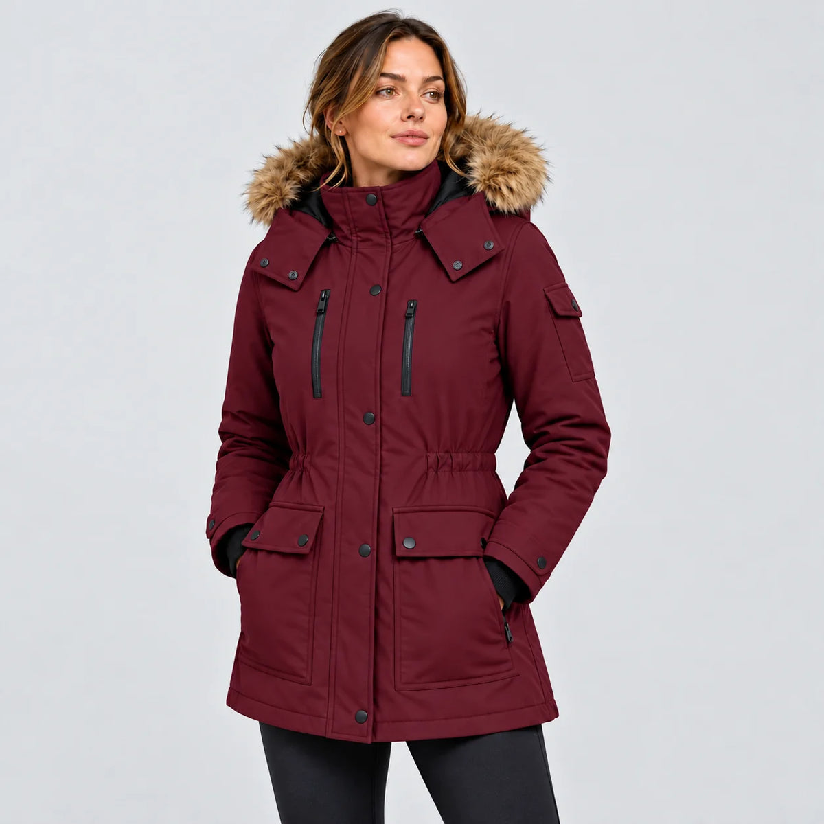 Women's heated winter coat PyreFit Apexor in burgundy, front view