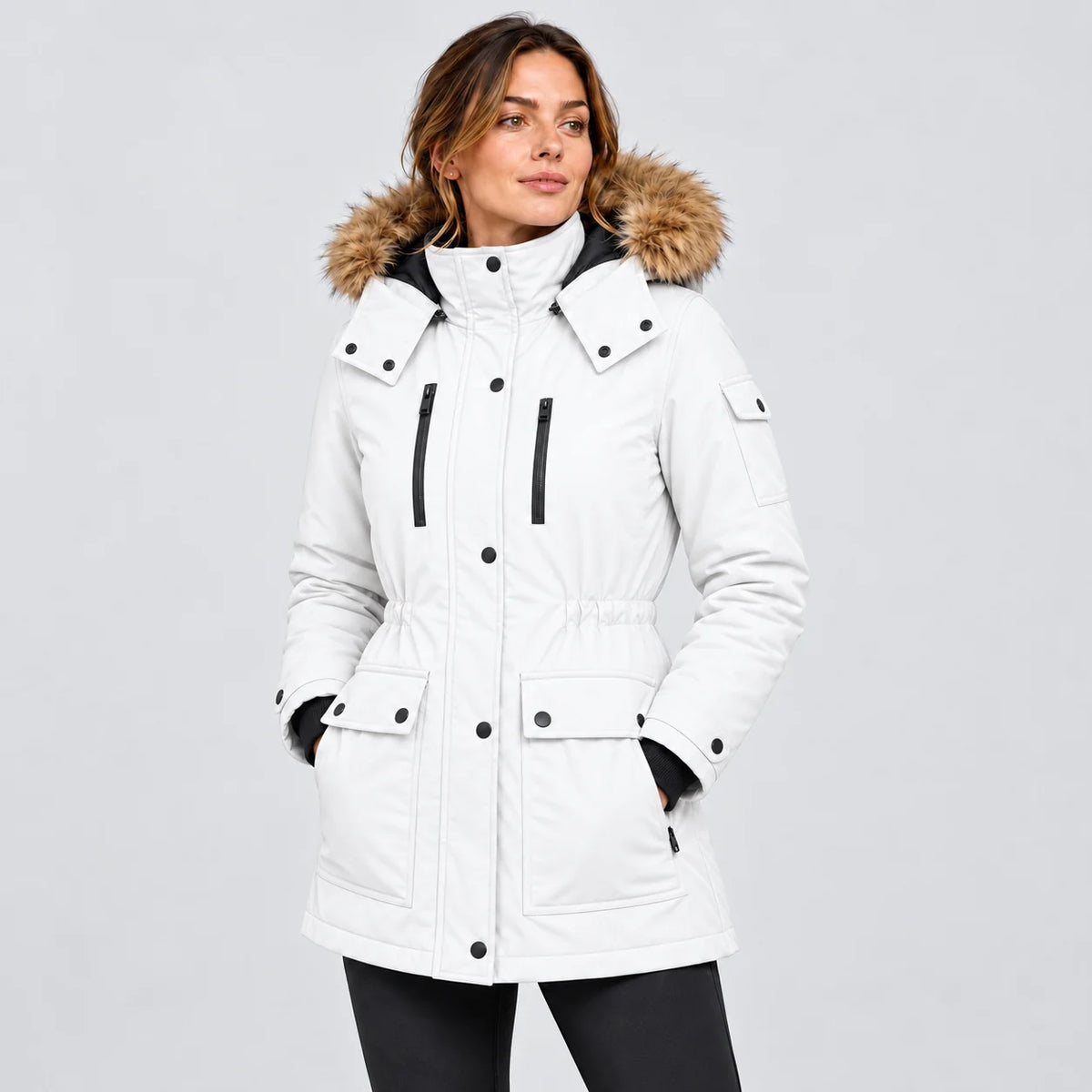 Women's heated winter coat PyreFit Apexor in white, front view