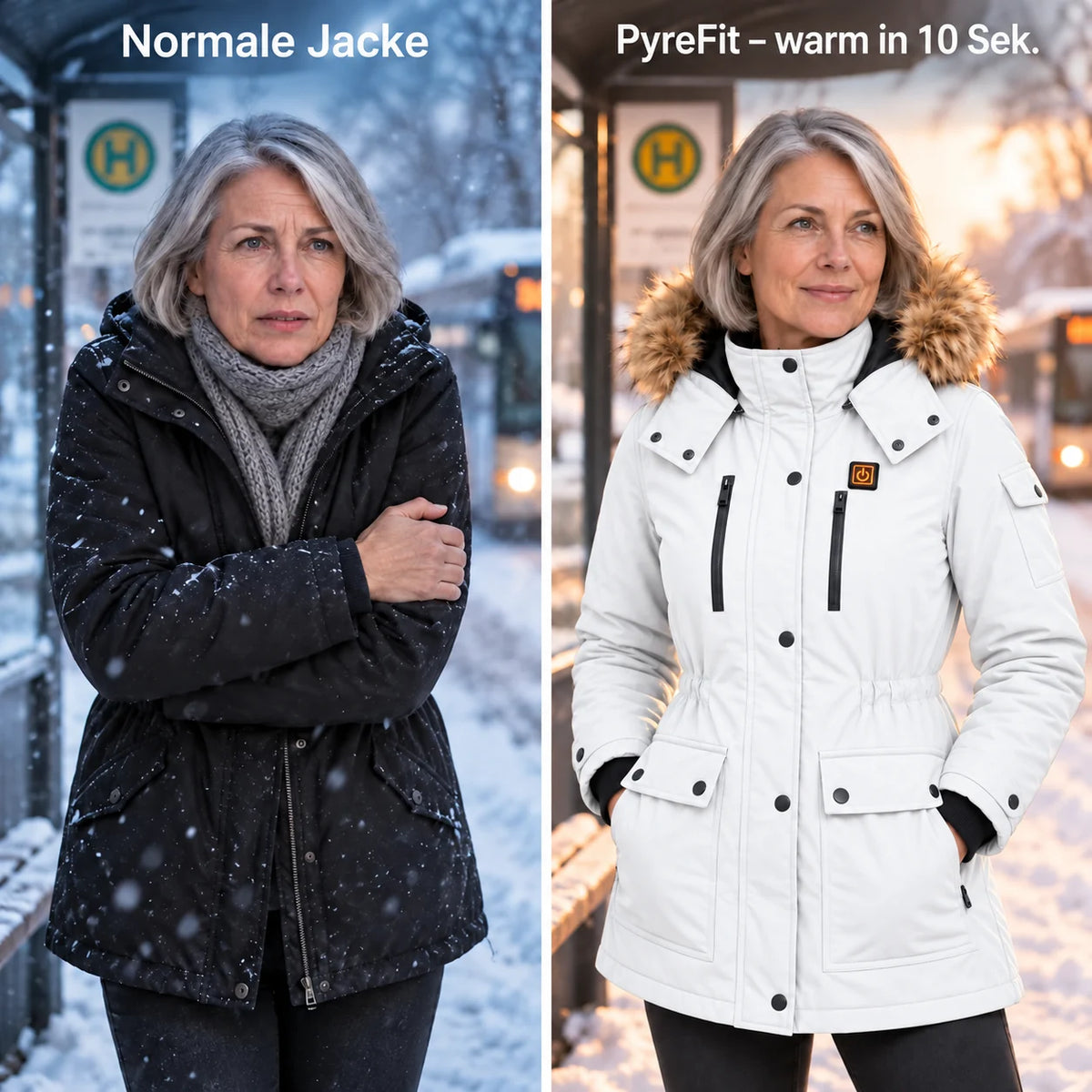 Manteau d'hiver chauffant pour femme PyreFit Apexor en blanc, comparaison avec un manteau d'hiver ordinaire