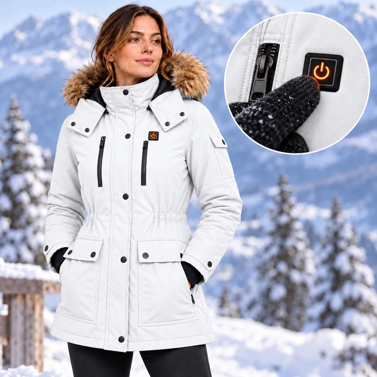 Manteau d'hiver chauffant pour femme PyreFit Apexor en blanc, gros plan sur le bouton de commande