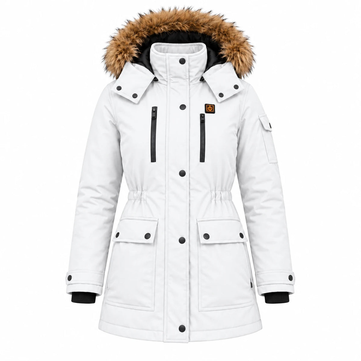 Manteau d'hiver chauffant pour femme PyreFit Apexor en blanc, vue du produit sans mannequin
