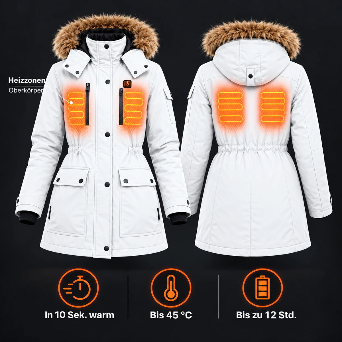 Manteau d'hiver chauffant pour femme PyreFit Apexor en blanc, aperçu des zones chauffantes