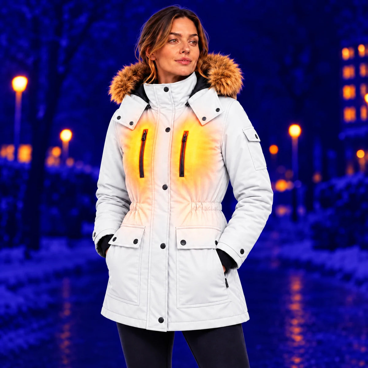 Manteau d'hiver chauffant pour femme PyreFit Apexor en blanc, chaleur au haut du corps en hiver
