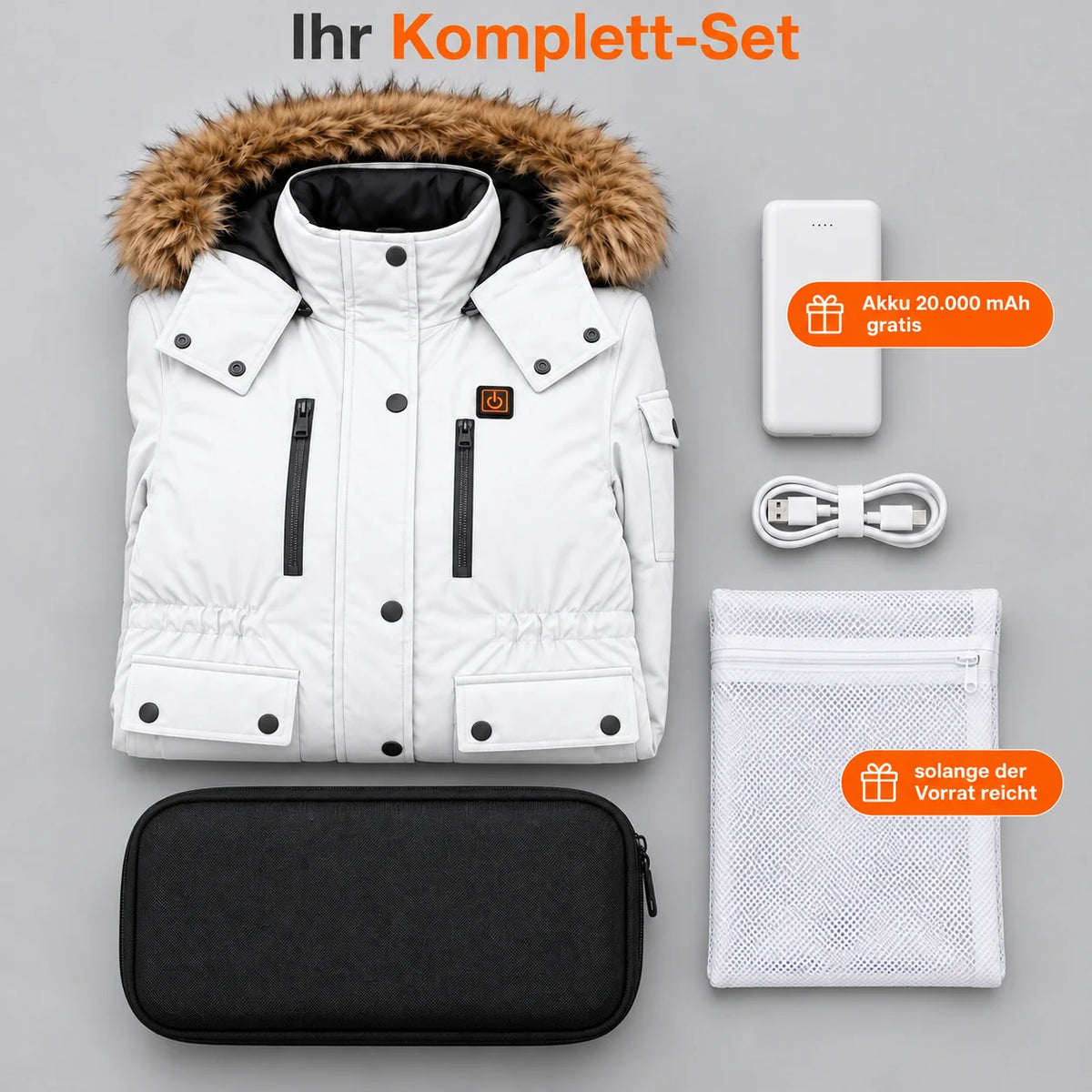 Manteau d'hiver chauffant pour femme PyreFit Apexor en blanc, ensemble complet