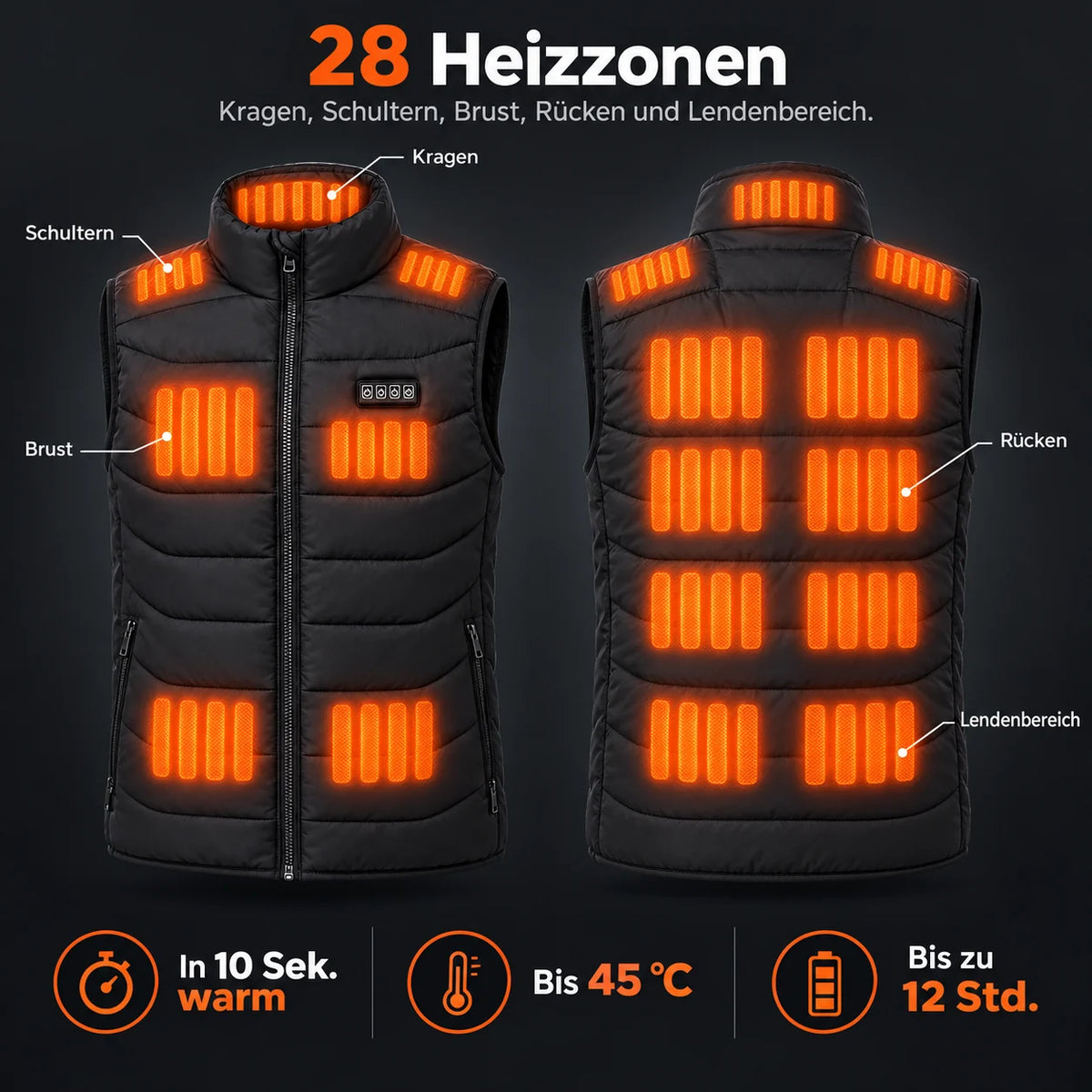 Veste chauffante sans manches unisexe PyreFit Aurina : 28 zones chauffantes au col, aux épaules, à la poitrine, au dos et au bas du dos