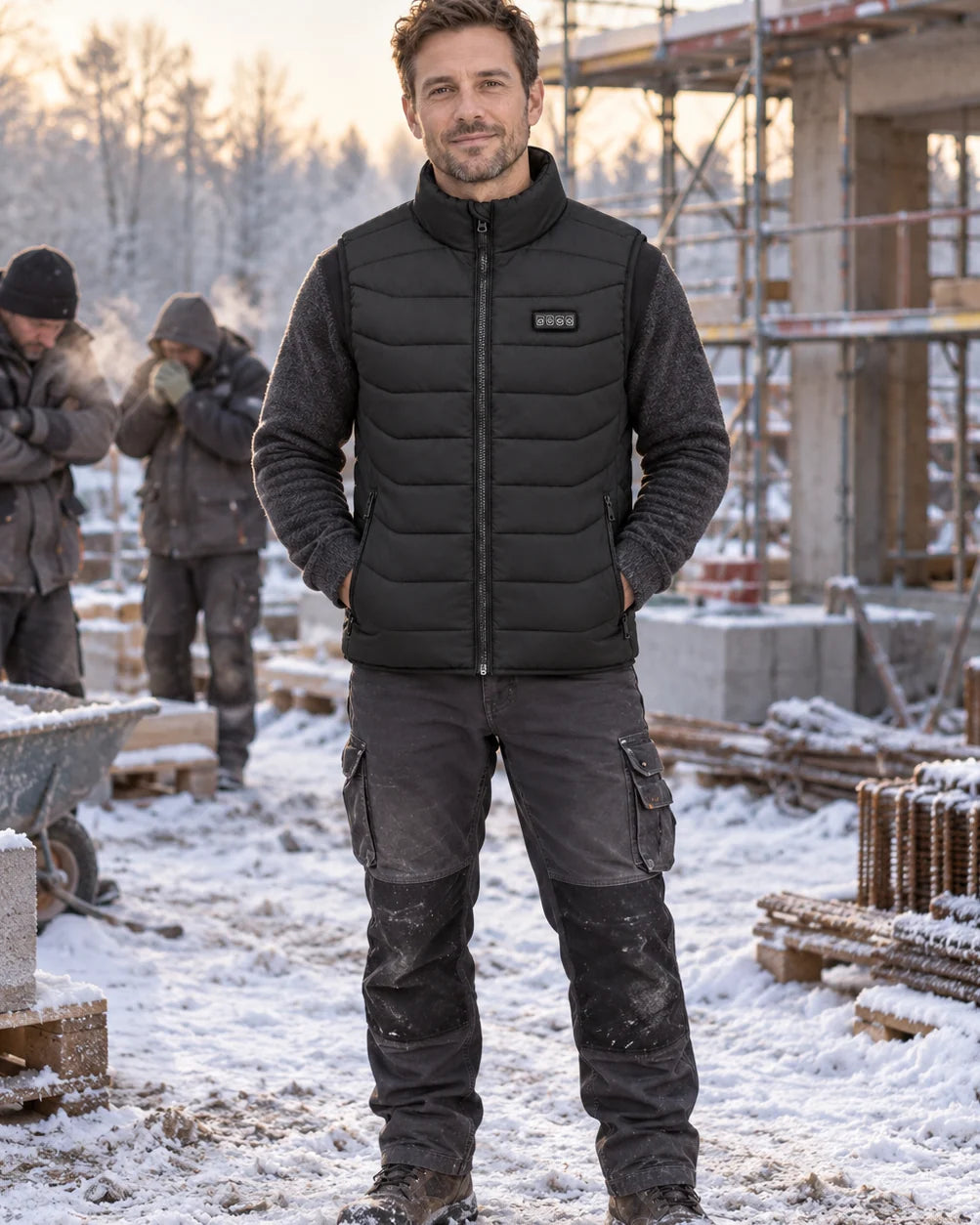 Unisex heated vest PyreFit Aurina on a winter day: on the construction site