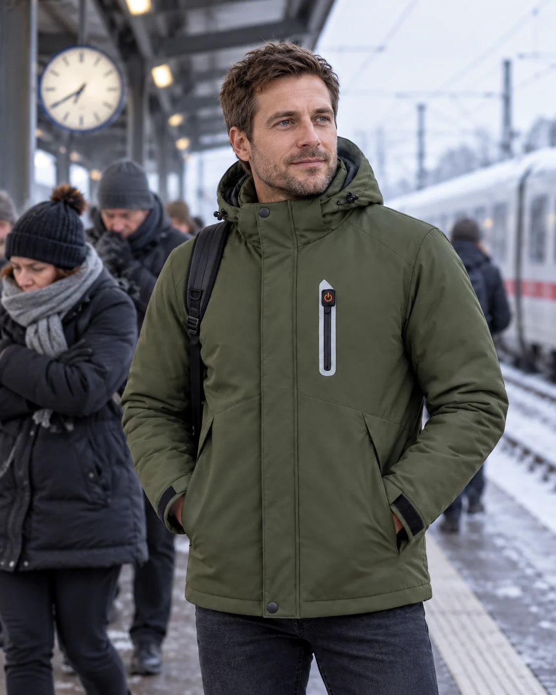 Parka chauffant pour homme PyreFit Calvero au quotidien en hiver : sur le quai de la gare