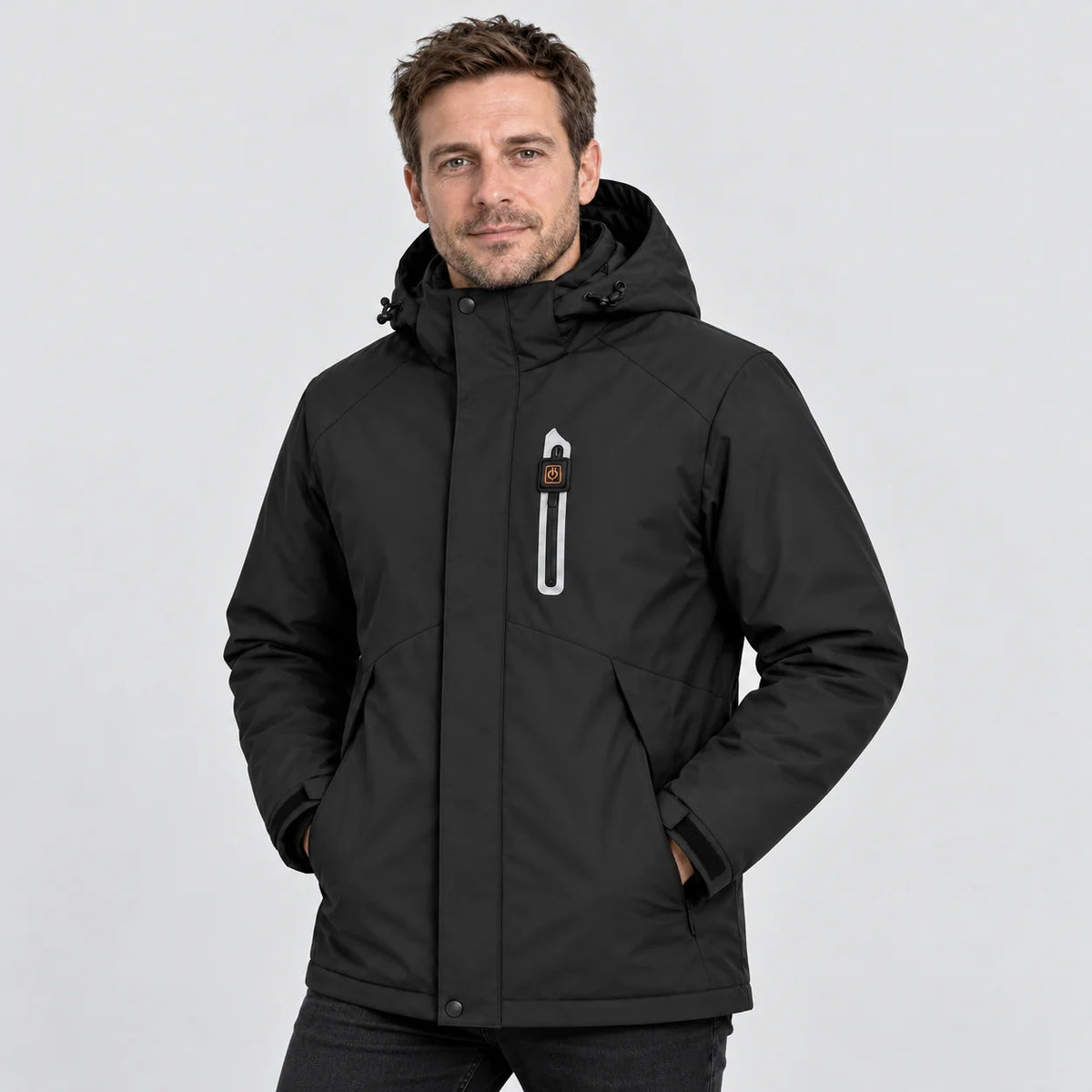 Men's heated parka PyreFit Calvero in black, front view