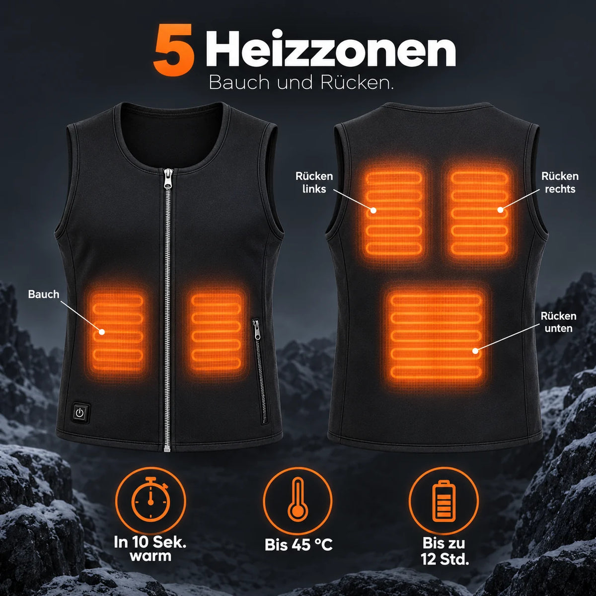 Veste chauffante sans manches mince unisexe PyreFit Duvaro : 5 zones chauffantes au ventre et au dos
