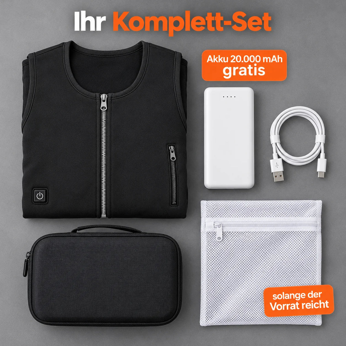 Ensemble complet : Duvaro, batterie 20 000 mAh, câble de recharge, sac de lavage et sac de rangement