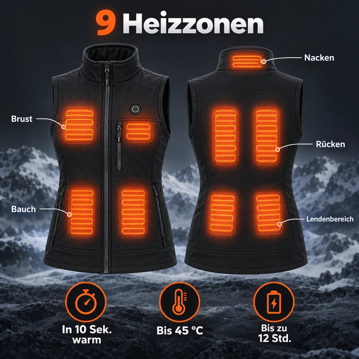 Veste chauffante sans manches pour femme PyreFit Elaressa : 9 zones chauffantes à la nuque, à la poitrine, au ventre, au dos et au bas du dos