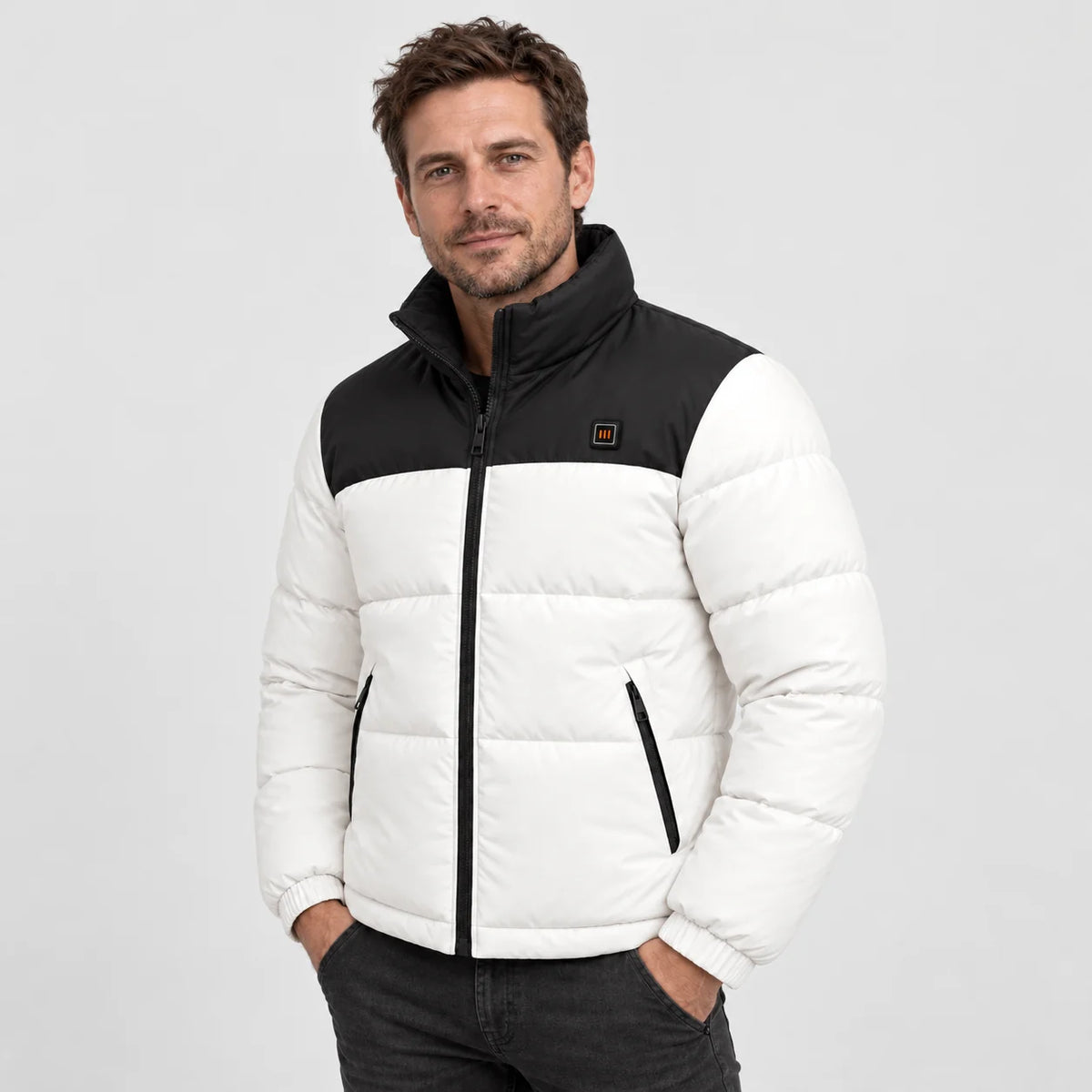 Heated puffer jacket PyreFit Elaron, worn, front view