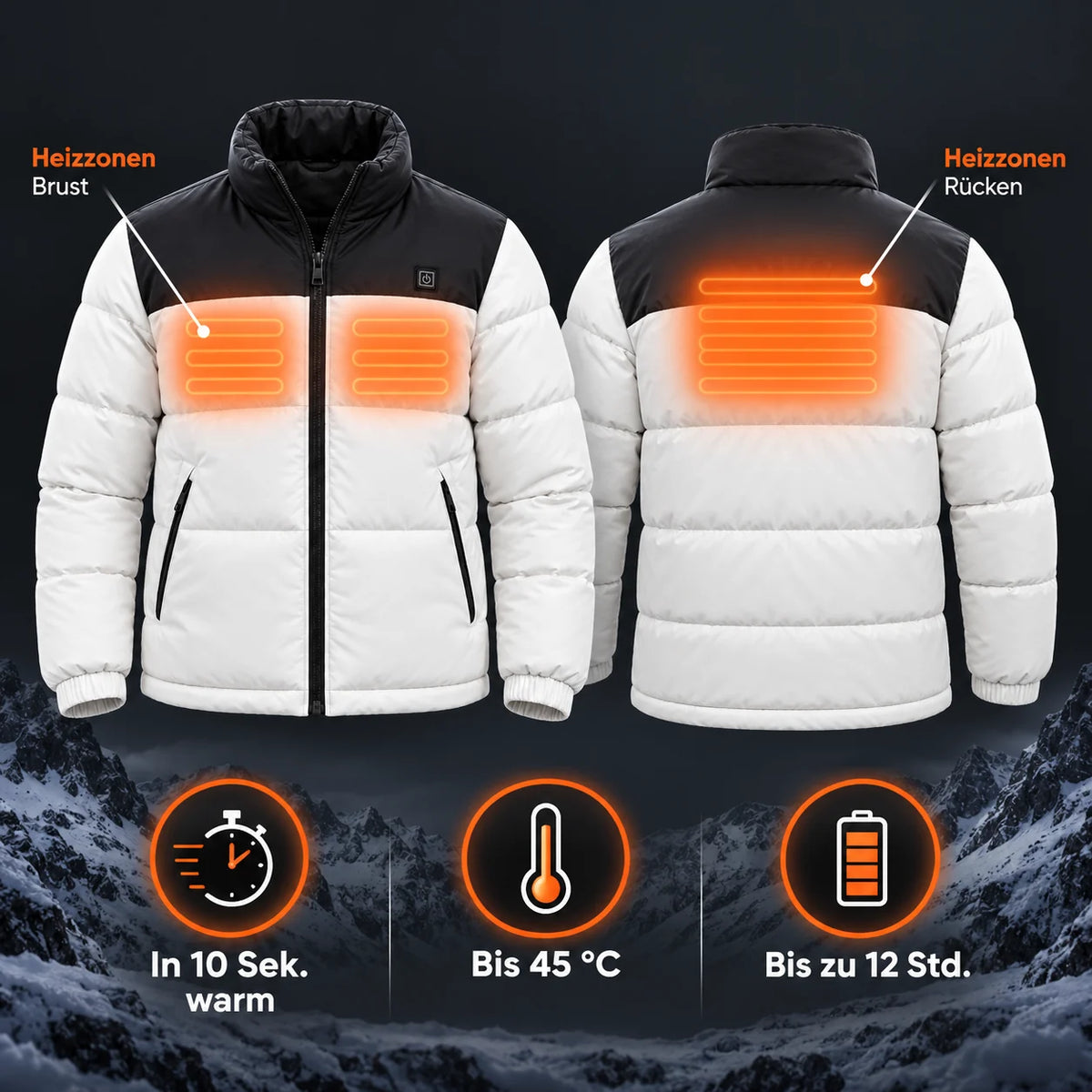 Manteau matelassé chauffant PyreFit Elaron : zones chauffantes à la poitrine et au dos