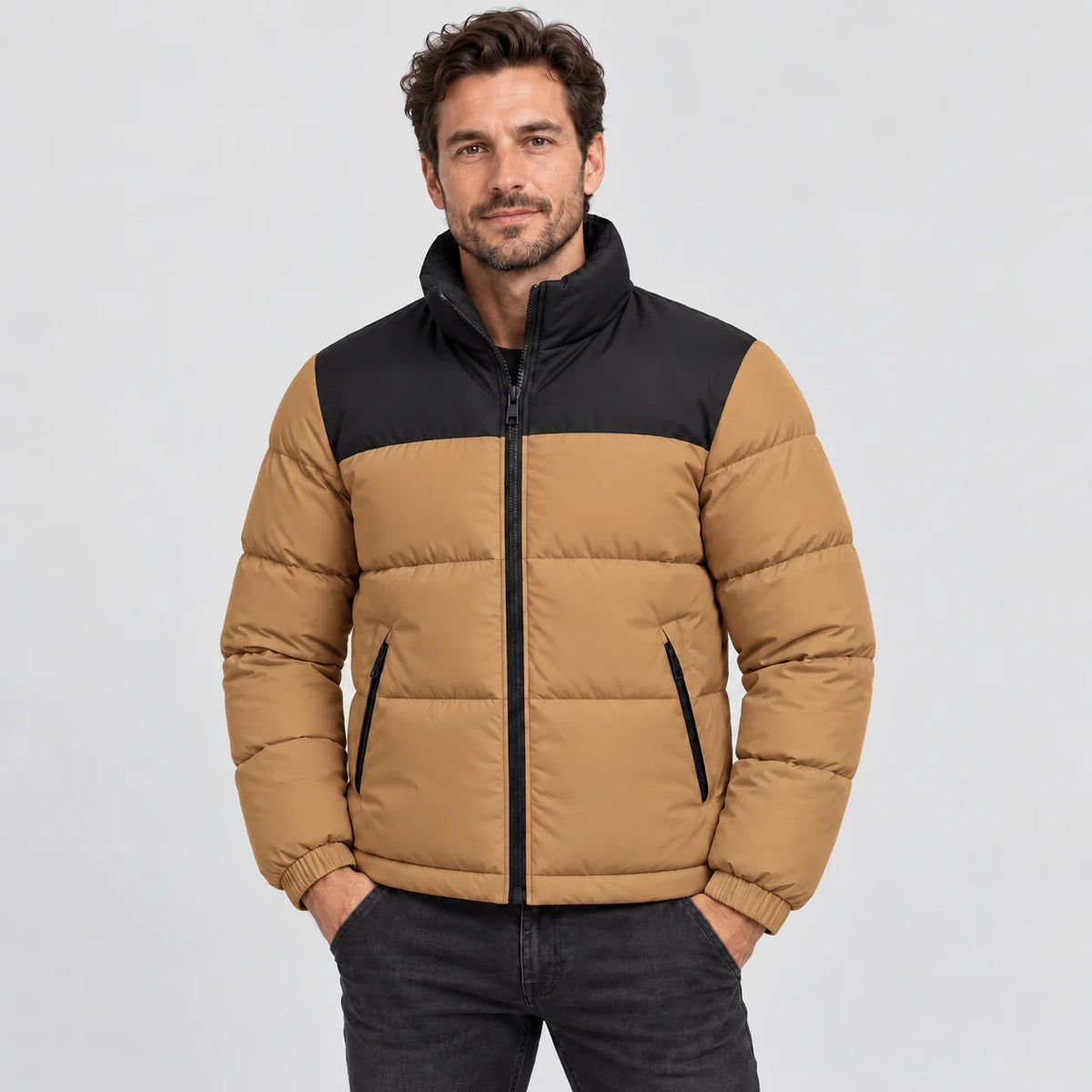 Heated puffer jacket PyreFit Elaron in caramel, front view