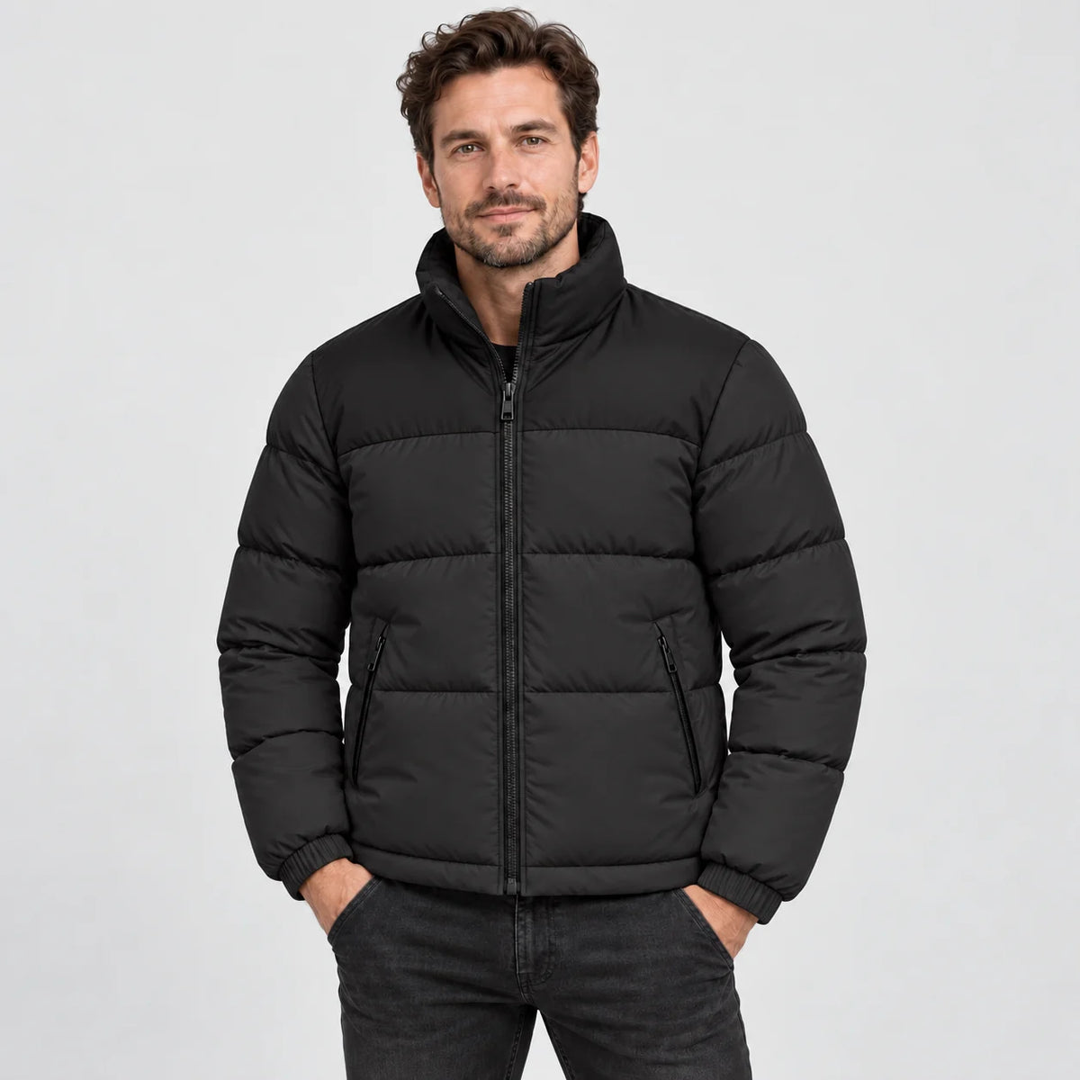 Heated puffer jacket PyreFit Elaron in black, front view