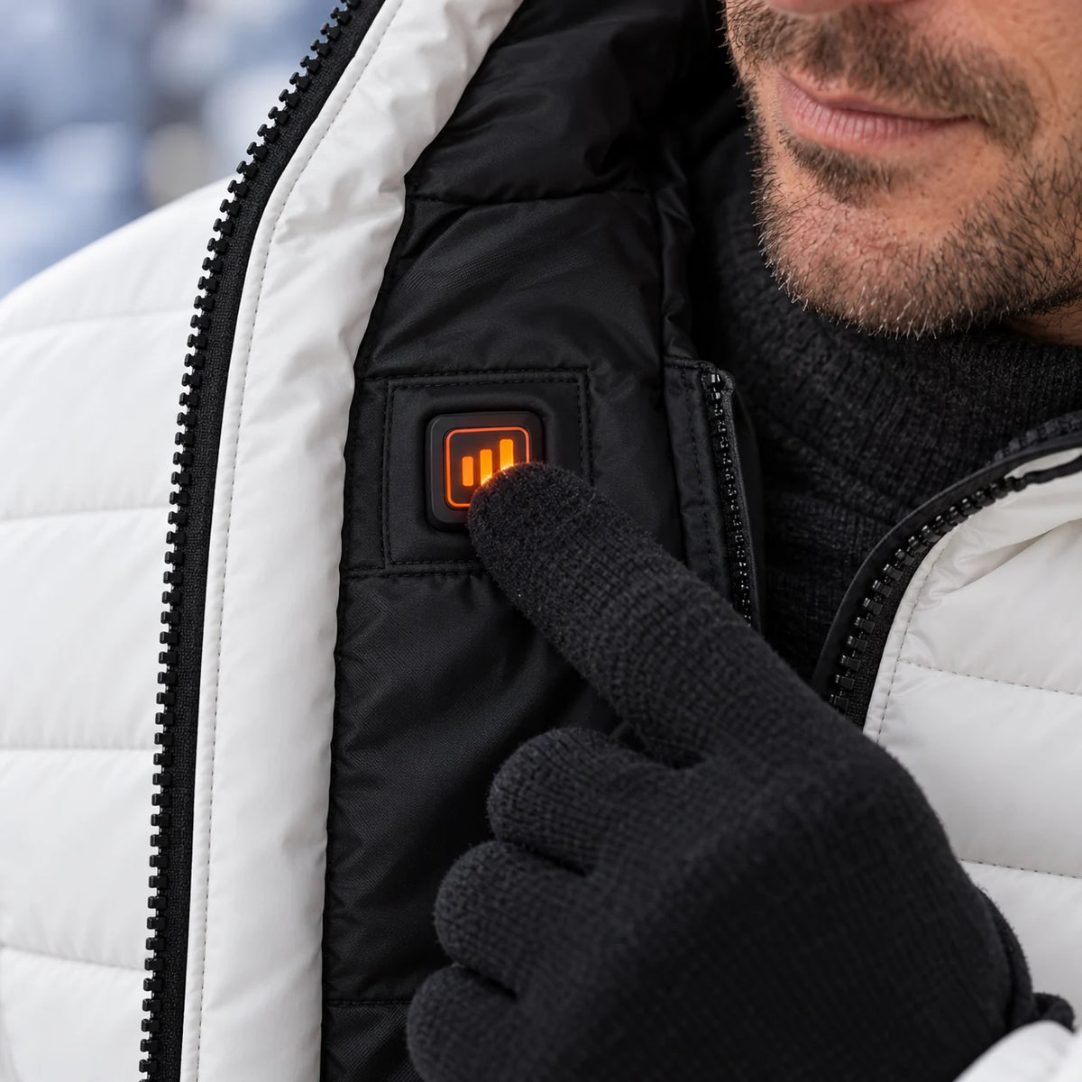 Heated puffer jacket PyreFit Expelia, control button close-up