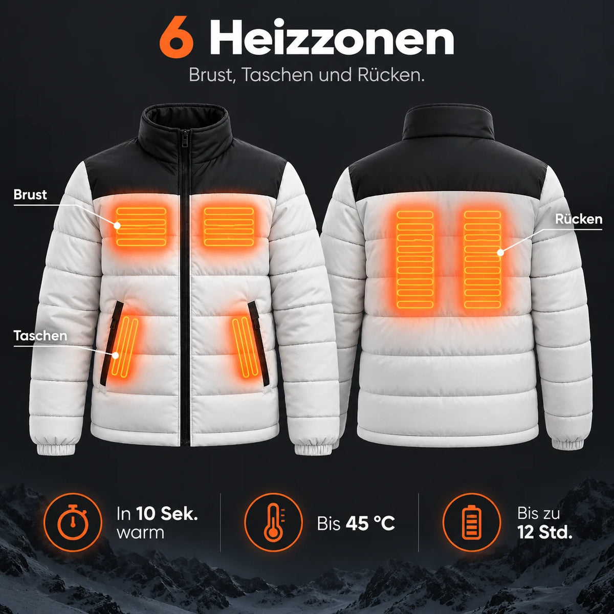 Manteau matelassé chauffant PyreFit Expelia : 6 zones chauffantes à la poitrine, aux poches et au dos