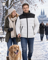 Heated puffer jacket PyreFit Expelia on a winter day: walking the dog
