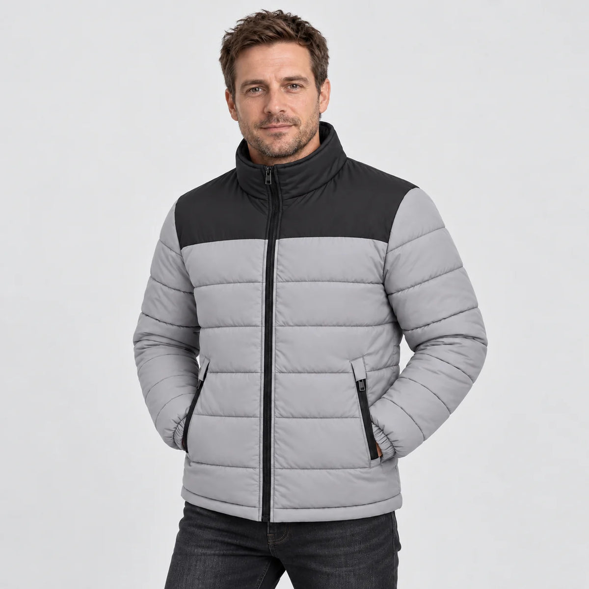 Heated puffer jacket PyreFit Expelia in grey, front view