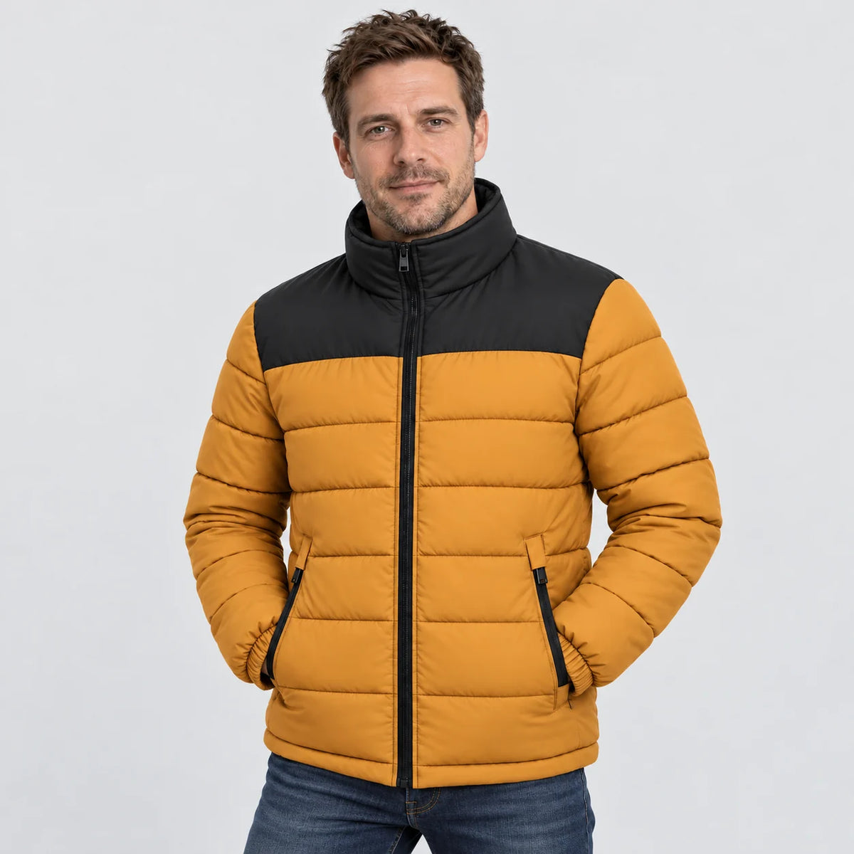 Heated puffer jacket PyreFit Expelia in caramel, front view