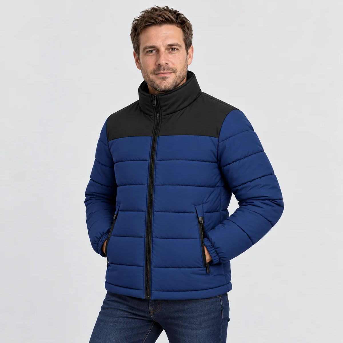 Heated puffer jacket PyreFit Expelia in navy, front view