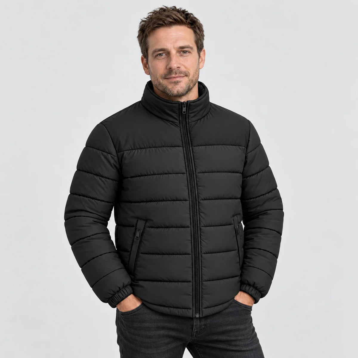 Heated puffer jacket PyreFit Expelia in black, front view