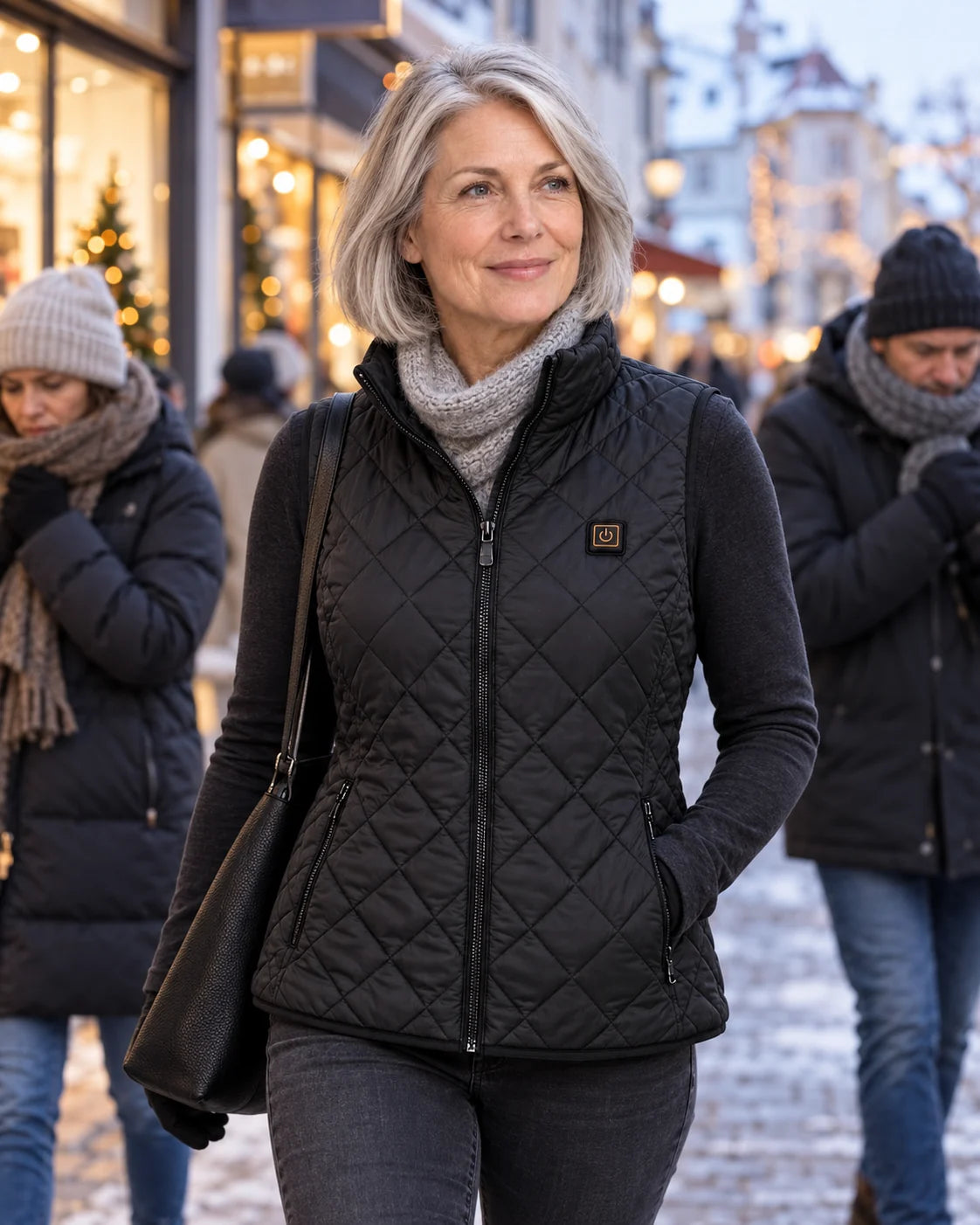 Women's heated vest PyreFit Feinora on a winter day: strolling in town