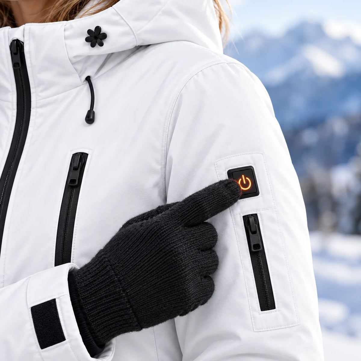 Parka chauffant pour femme PyreFit Glacio, gros plan sur le bouton de commande